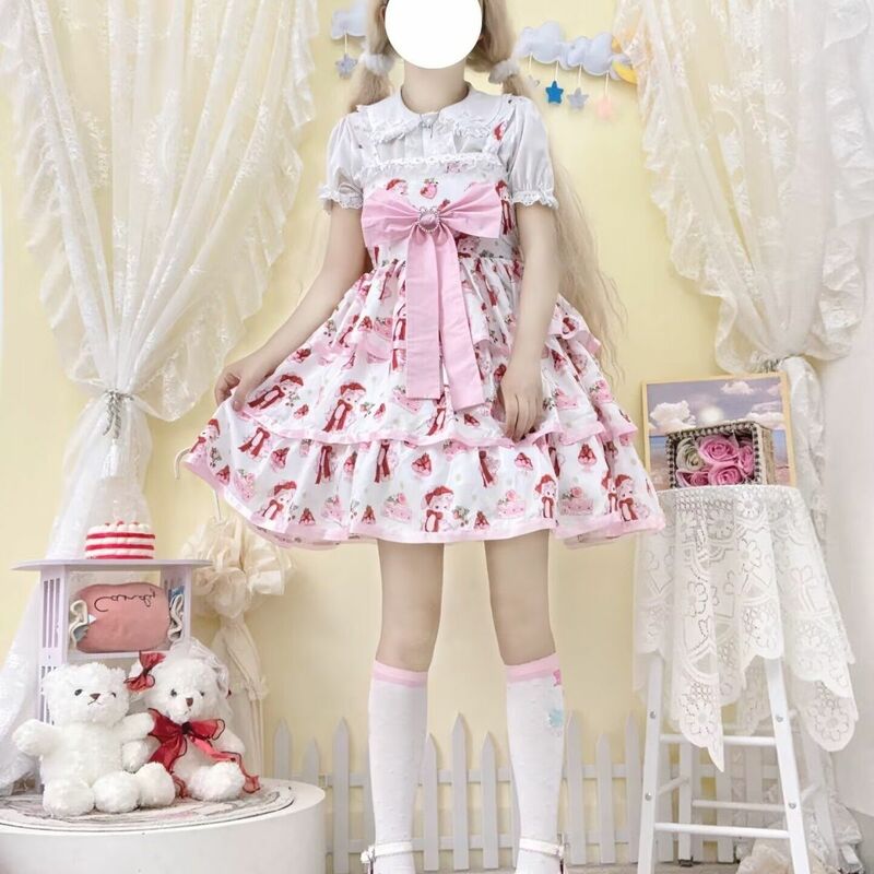 Kawaii Cartoon Bunny Lolita Jsk Dress Girl Dress Ruffles Sweet Jsk Cute Sleeveless Cosplay Princess Tea Party Dress