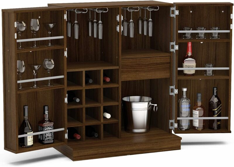 Bar Cabinet for Liquor, Dark Brown Finish Wine Coffee Storage Cabinet with Glasses Rack