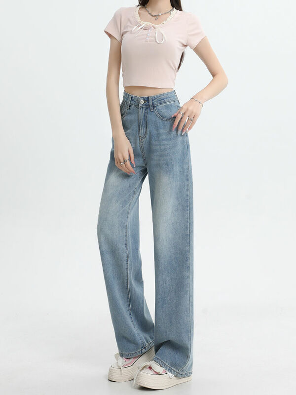 Calça jeans retrô de perna larga feminina, cintura alta, calça reta, versão estreita, cortina, menina picante, fina, verão, novo, 2024