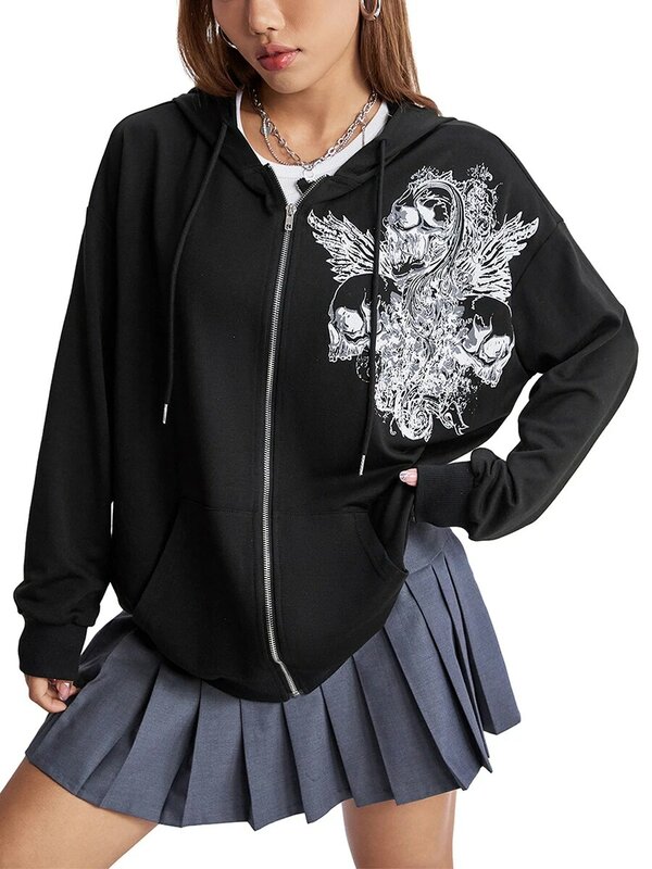 Women s Loose Zip-Up Hoodies Retro Gothic Print Long Sleeve Teen Girl Jacket Sweatshirts Fall Clothes