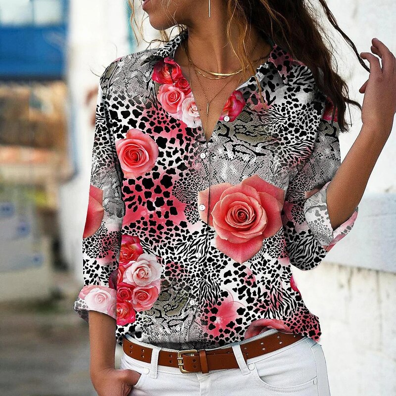 2023 nova primavera feminina floral impressão camisa do vintage elegante manga longa das mulheres todos os dias rua sexy com decote em v botão blusa XS-8XL