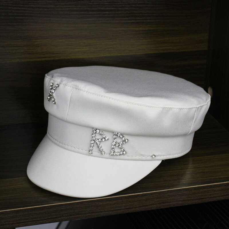 เย็บปักถักร้อย Navy หมวกฤดูใบไม้ผลิหมวกซาตินผู้หญิง Flat Top หมวกแฟชั่นหมวกแปดเหลี่ยม