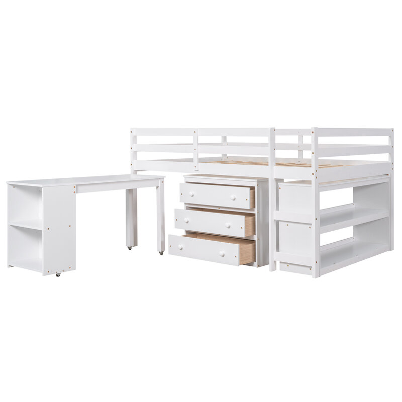 Кровать для низкого кабинета, полноразмерная кровать Лофт с шкафом, полки и переносной стол на колесиках, многофункциональная кровать белого цвета