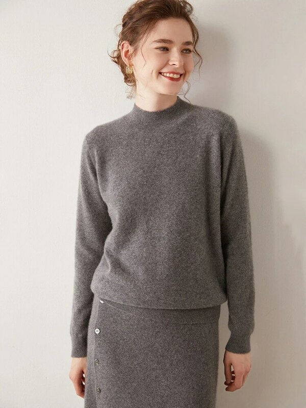 Alisea-Suéter de manga comprida com decote simulado feminino, pulôveres de caxemira 100% puro, tops de malha, roupas novas, outono e inverno
