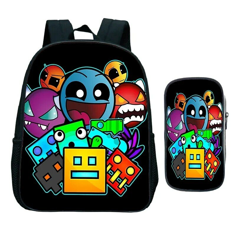 Geometry Dash Print Backpack 2pcs Set Kids School Bags Kindergarten Backpack for Preschool Boys Girls Cartoon Mini Bookbag Gift