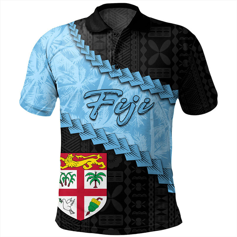 Kaus Polo grafis tato ternesian bendera Fiji untuk pria kaus kerah Jalan kaus kancing longgar musim panas lengan pendek motif 3d
