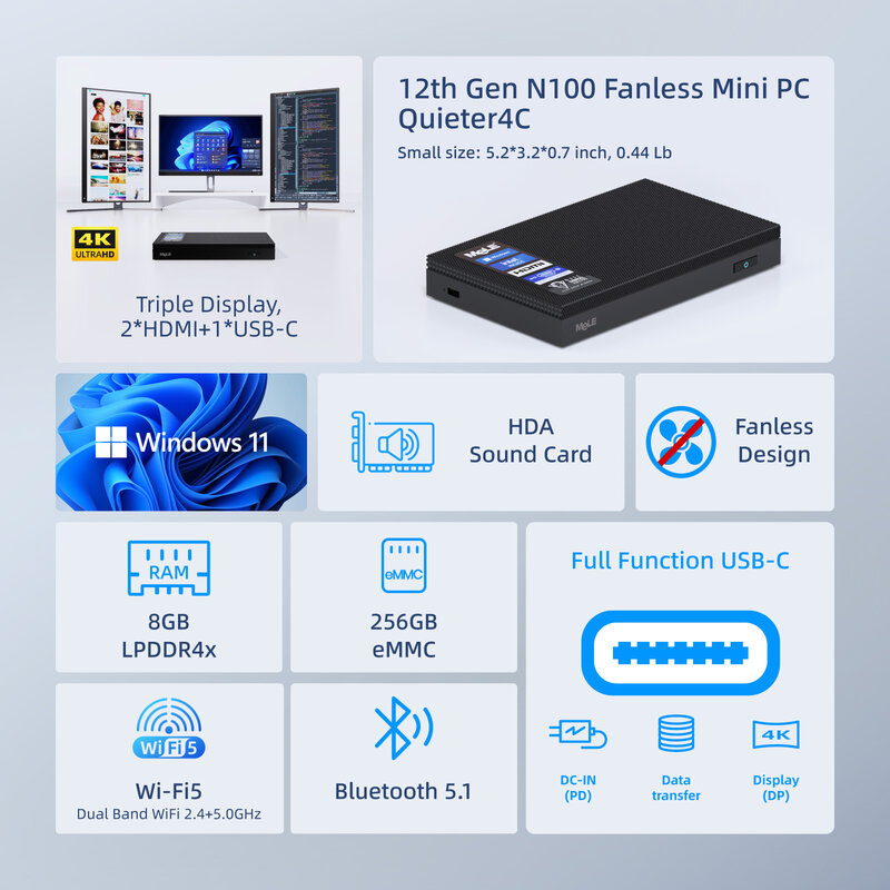MeLE N100 スリムミニ PC 小型デスクトップコンピュータ インテル Alder Lake MINI PC Windows 11 Pro 8GB 16GB 256GB 512GB マイクロpc 2.4/5G Wi-Fi、USB-C、4K トリプルディスプレイデスクトップ、家庭、オフィス、教育、IoT、Quieter4C 用
