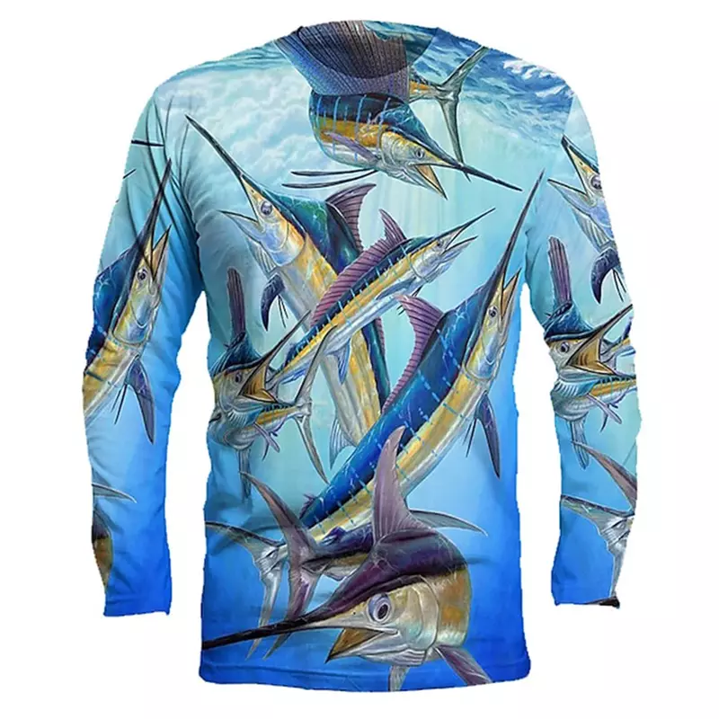 Camisa de manga larga para pesca, patrón de peces subacuáticos 3D, moda informal, cuello redondo para evitar picaduras de mosquitos, Verano