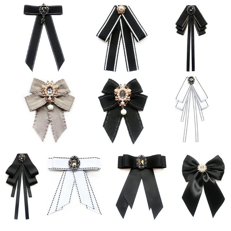 Women Vintage Elegant Pre-Tied Neck Tie Brooch Imitation Pearl Jewelry Ribbon Bow Tie Corsage for Shirt Collar Clothes Dropship