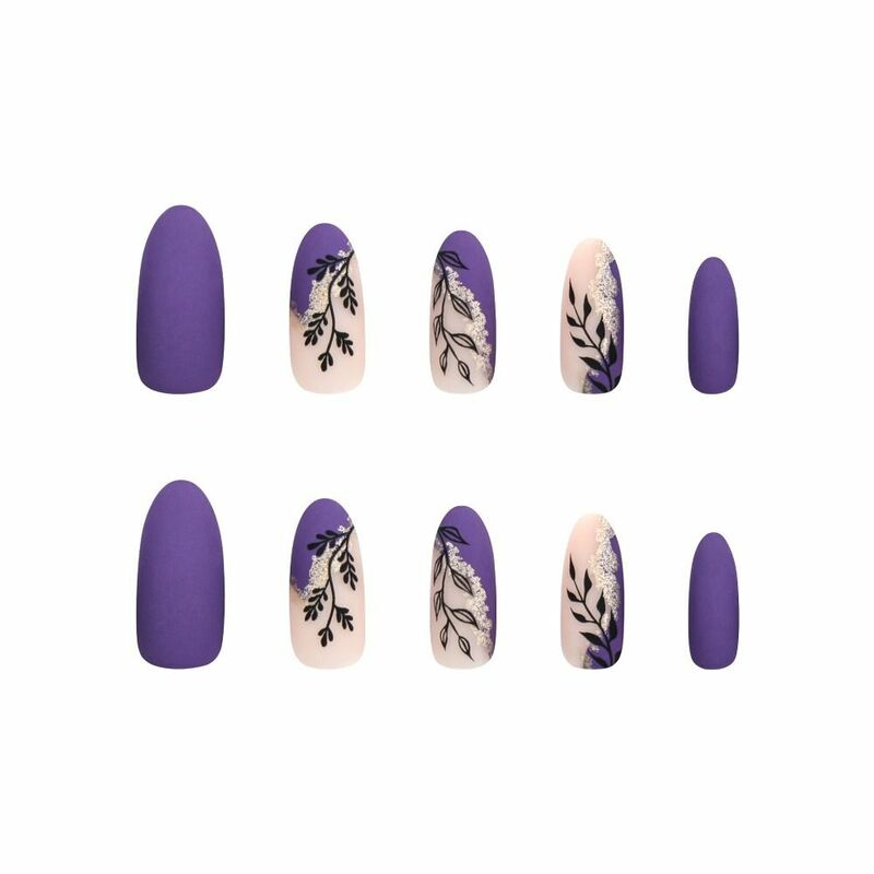 Long Oval False Nails Manicure Gold Glitter French Press on Nails Purple Leaf Detachable Fake Nials Women