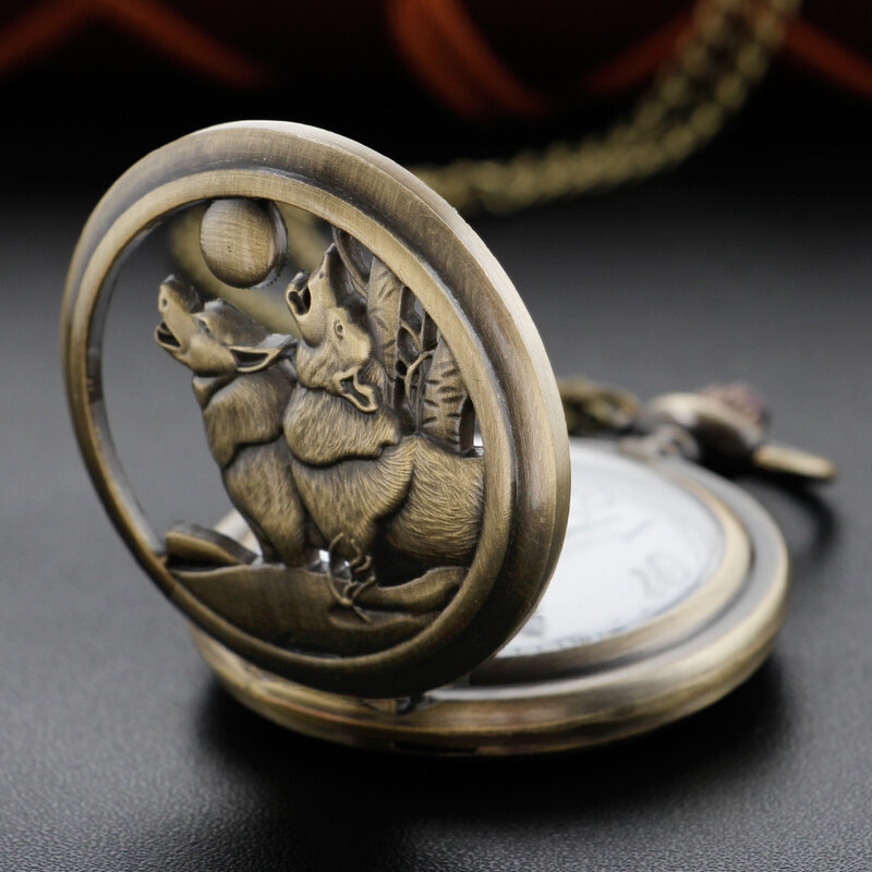 นาฬิกาพกควอตซ์ Relief กลวงลายหมาป่าดวงจันทร์โบราณ Jam rantai ของขวัญเด็กสไตล์สตีมพังก์ทองแดงที่งดงาม
