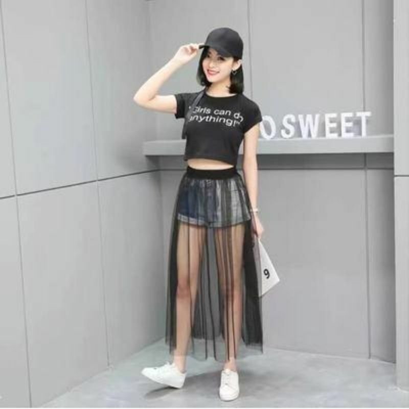 Spring Summer Fashion New Elegant Women Elastic High Waist One Layer Mesh Perspective Long Skirt Party Gift Office Lady Clothing