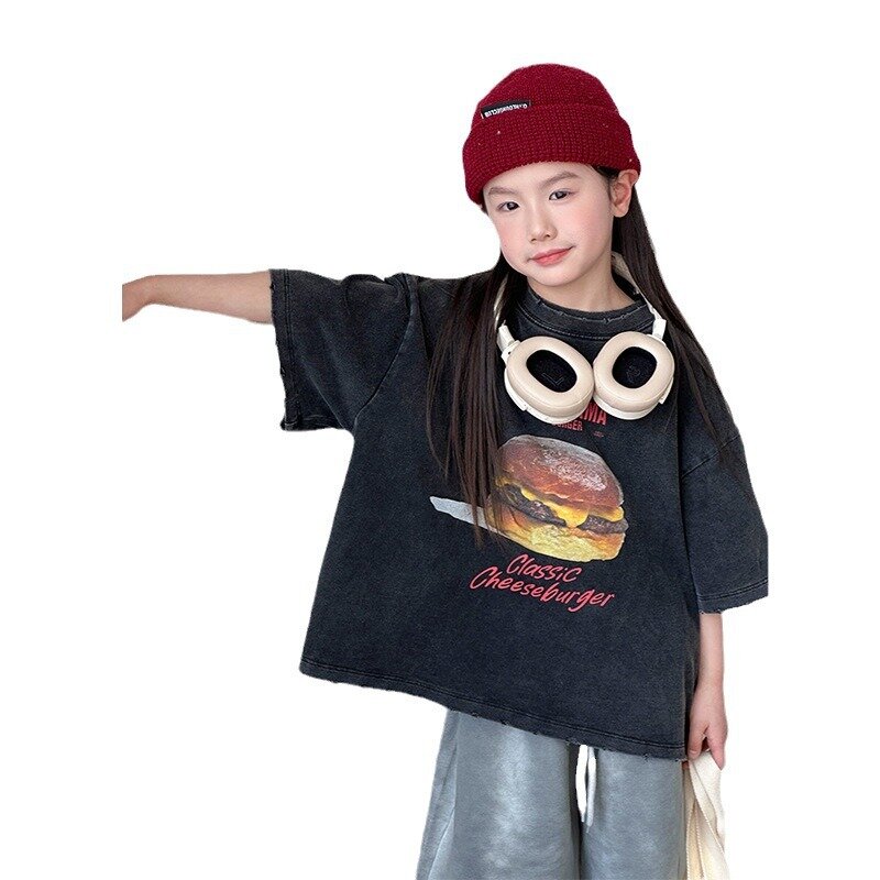 Корейский стиль 2024, летние топы для маленьких мальчиков, свободная футболка с принтом гамбургеров для маленьких мальчиков, крутая хлопковая Футболка с круглым воротником для детей старшего возраста