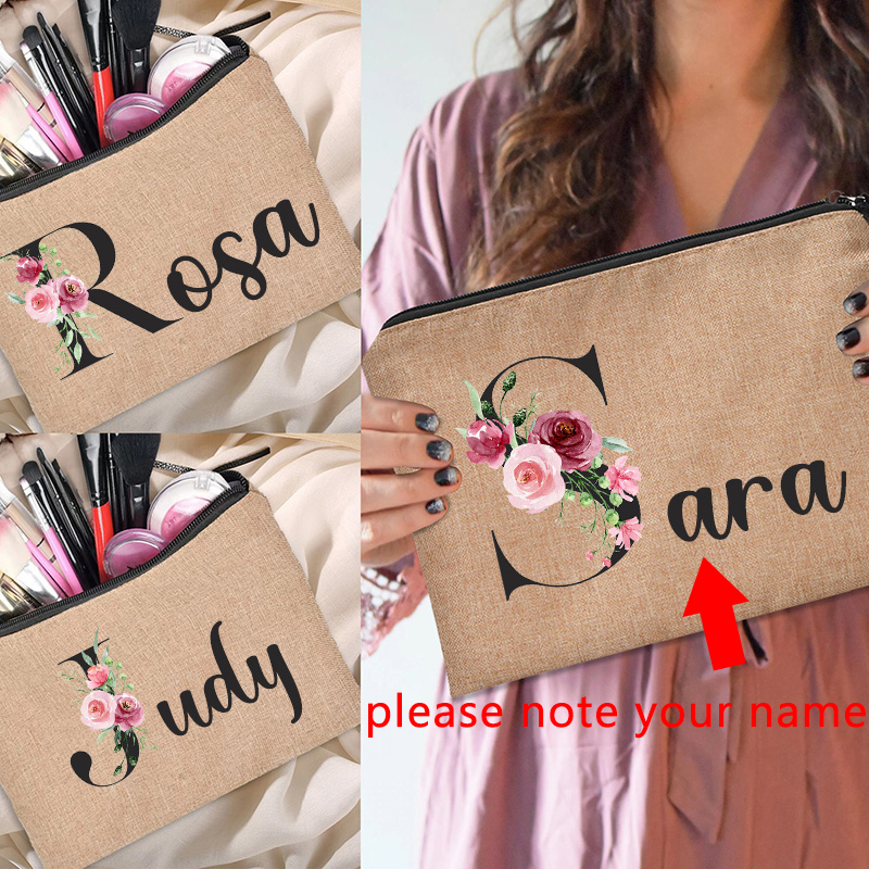 Custom Name Flower Letter Cosmetic Bag Bachelorette Party Neceser Makeup Bags Zipper Pouch Toiletry Organizer Bridesmaid Gifts
