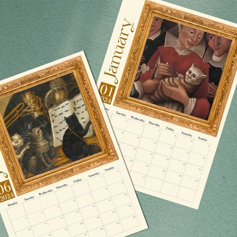 Gatos Medievais Calendário para Decoração de Parede, Gatos Estranhos, Planejamento de Tempo, Engraçado, Presentes de Ano Novo, Papel, 2024