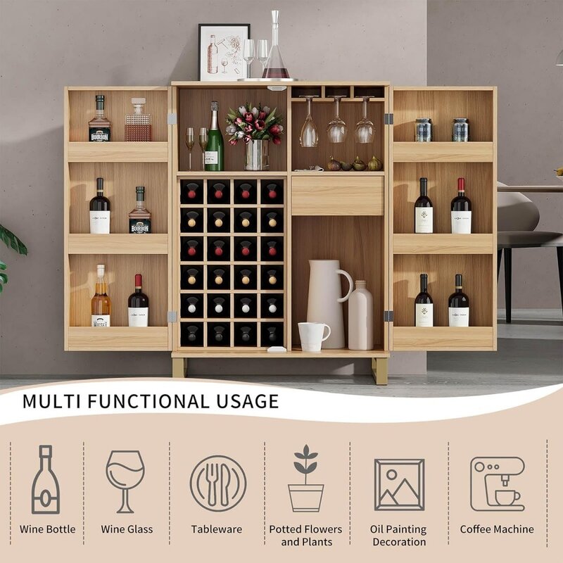 Szafka barowa, składany panel boczny, z półkami na wino i szklanki, miejsce do przechowywania w salonie i jadalni, szafka barowa