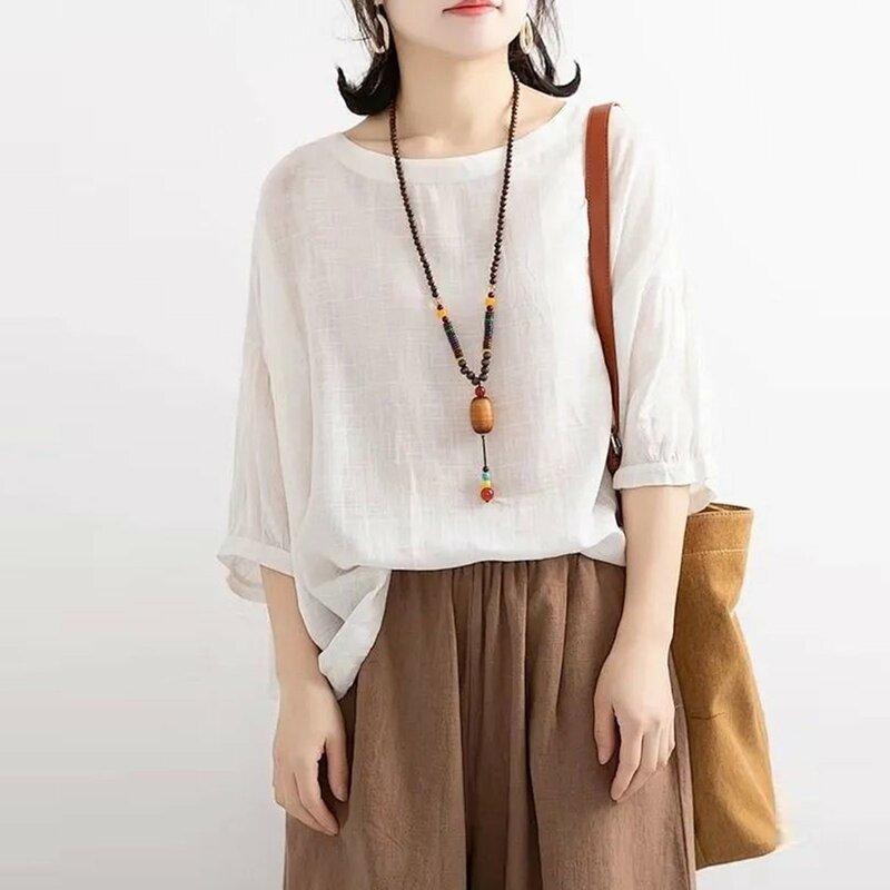 Etniczny styl Vintage bawełniana pościel koszula na co dzień lato 2023 kobiet z okrągłym dekoltem luźna moda bluzka damska z krótkim rękawem Blusa
