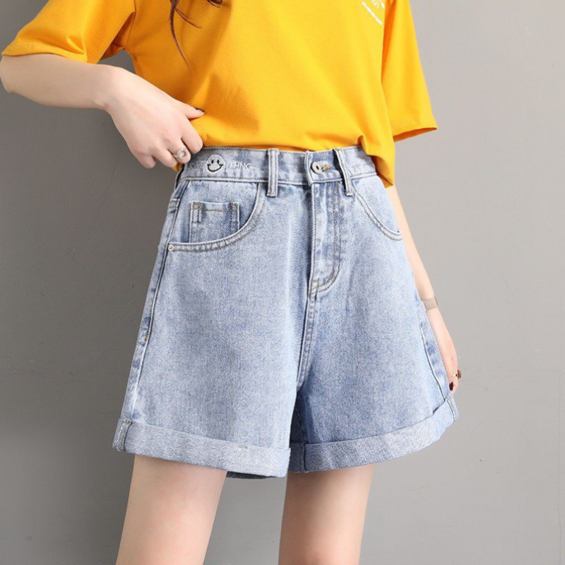 Pantalones cortos vaqueros de cintura alta, Shorts ajustados de pierna ancha y cintura elástica, versión coreana, tendencia, novedad de verano 2023