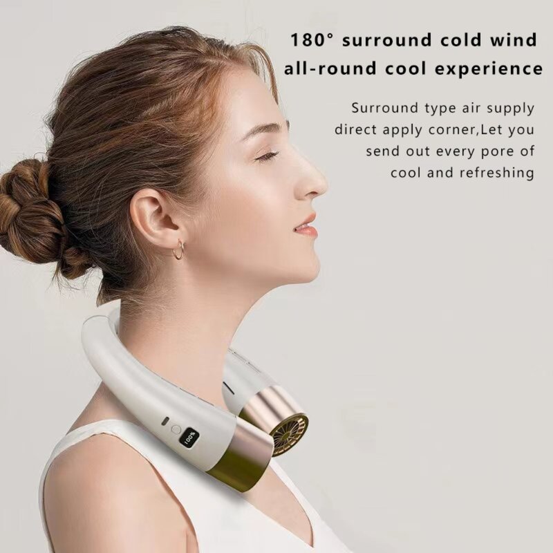 180°surround Cold Wind 5 Speed Choice Neck Hanging Small Fan Folding Digital Display Portable USB Mini Silent Leafless Neck Fan