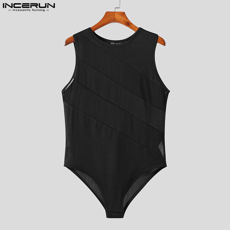 INCERUN Sexy Homewear Rompers Men See-through Mesh Knitted Splice Jumpsuit Casual Solid Sleeveless Triangle Bodysuits S-5XL 2023