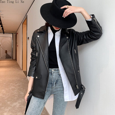 Tao Ting Li Na giacca in vera pelle di pecora donna nuova giacca da moto in vera pelle di pecora allentata di media lunghezza R15