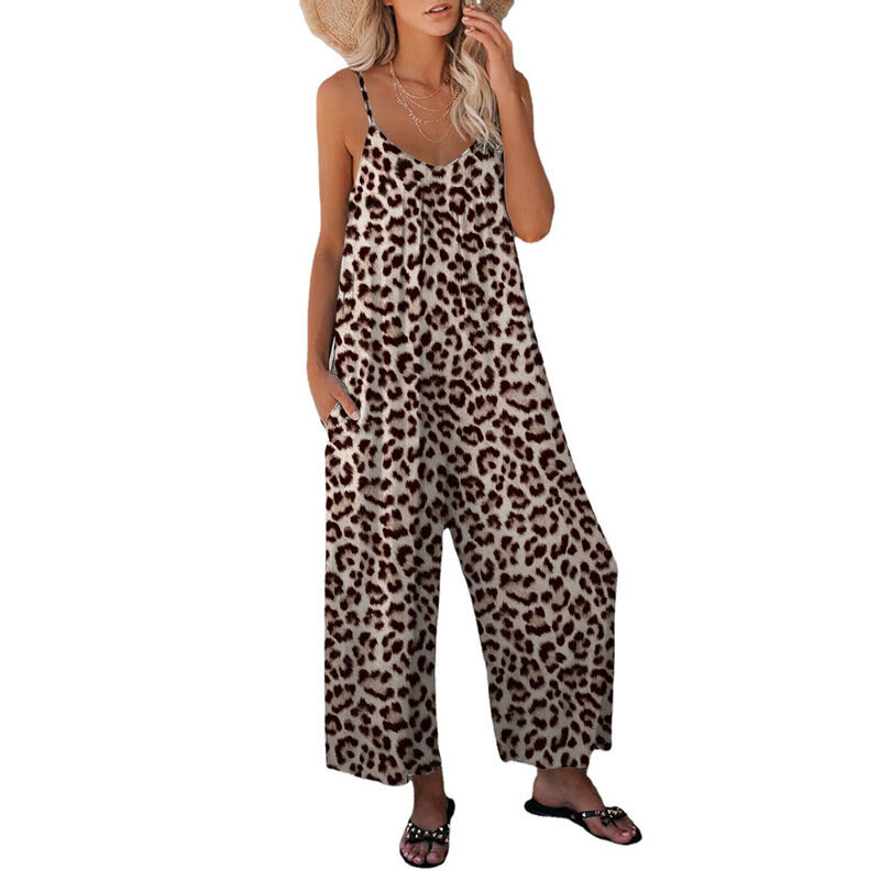 Macacão solto de bolso leopardo feminino, calça casual, moda feminina, novo, 2023