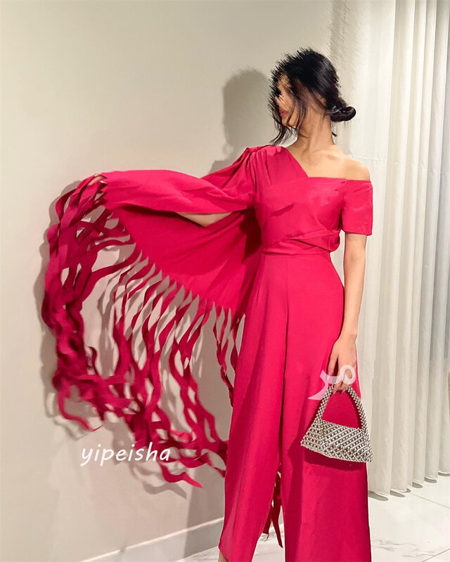 Prom Dress Satin Tassel Draped Pleat Homecoming A-line One-shoulder Bespoke Occasion Dresses Ankle-Length