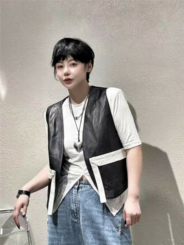 Echt Lederen Contrastkleurige Vest Voor Dames Koreaanse Mouwloze Jas Van Schapenvacht In Leren Stijl Y4210