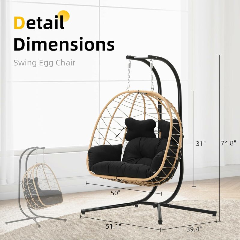 Double Indoor/Outdoor Wicker Swing Egg Chair Hammock Foldable Hanging Loveseat with Stand, UV Resistant Removable Cushions