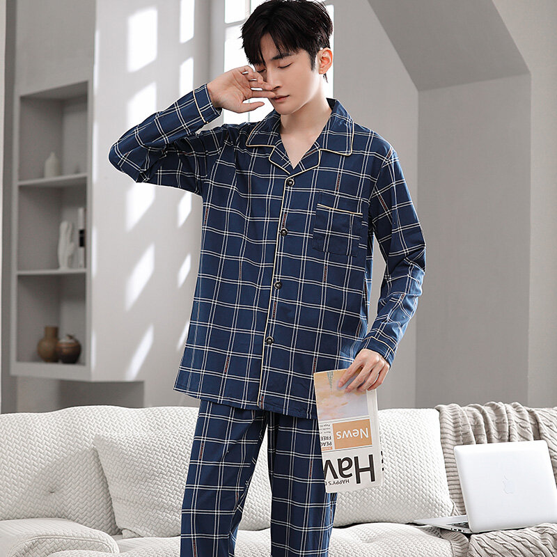 Conjunto de pijama de algodón tejido para hombre, ropa de dormir a cuadros con cuello vuelto, primavera y otoño