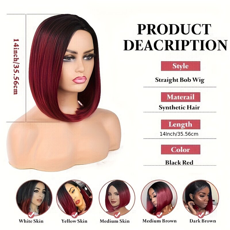 Short Bob Straight Synthetic Wig Ombre Wig Black To Red Side Part Daily Cosplay Party Wig 12 Inches Fiber Wigs for Women