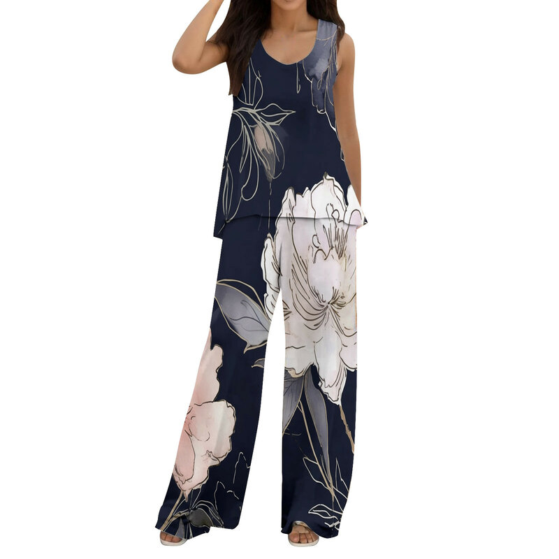 Women Boho Beach Vacation Two Piece Outfits Fashion Casual Printed Vest Sleeveless Round Neck Top Loose Wide Leg Pants Suit