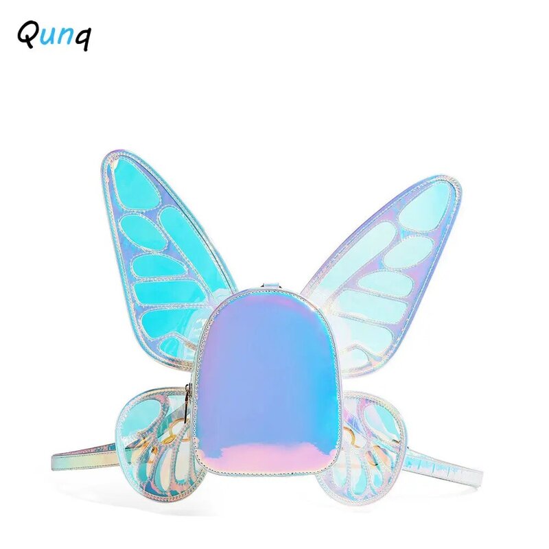 Qunq 2023 Summer INS New Girls Fashion Lovely PU Laser Butterfly Wings Personality Creative Retro Kids Backpack Holiday Gift