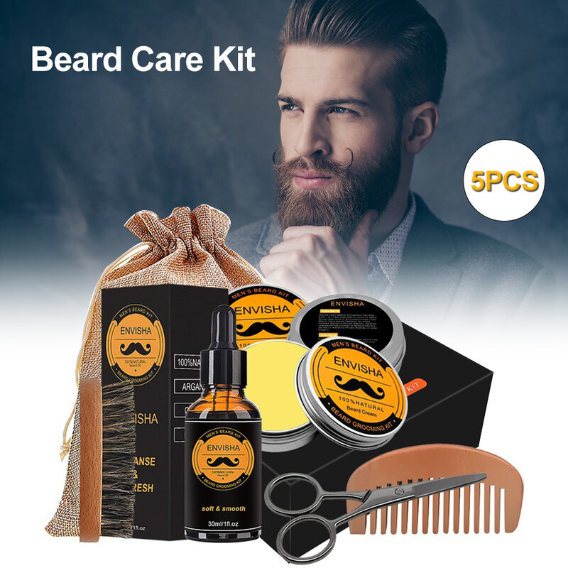Kit de crecimiento de barba para hombres, aceite esencial, cera hidratante, peine de rodillo, tijeras de peinado, cuidado de la barba