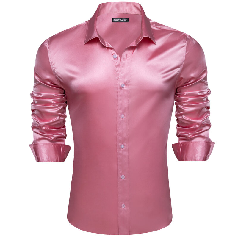 Luxury Silk Mens Shirts Mercerized Solid Satin Silver Pink Sleeve Casual Business Slim Fit Male Blouses Tops Barry Wang