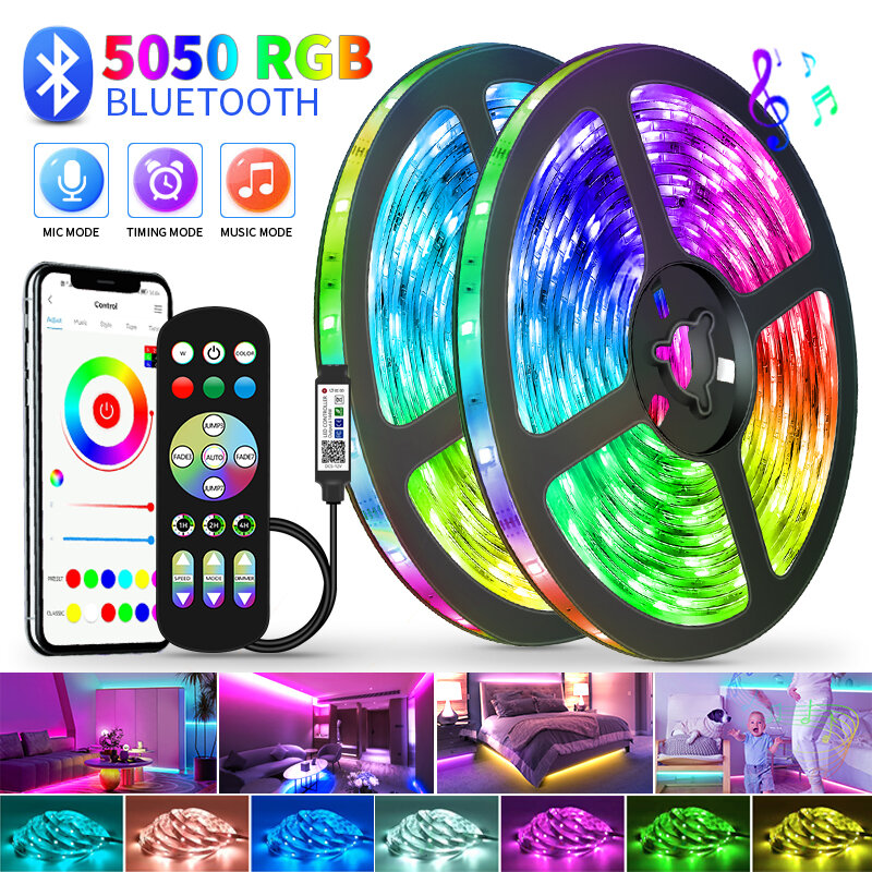 RGB LEDストリップライト,1m-30m,USB,Bluetooth赤外線制御,リビングルーム用照明,5050