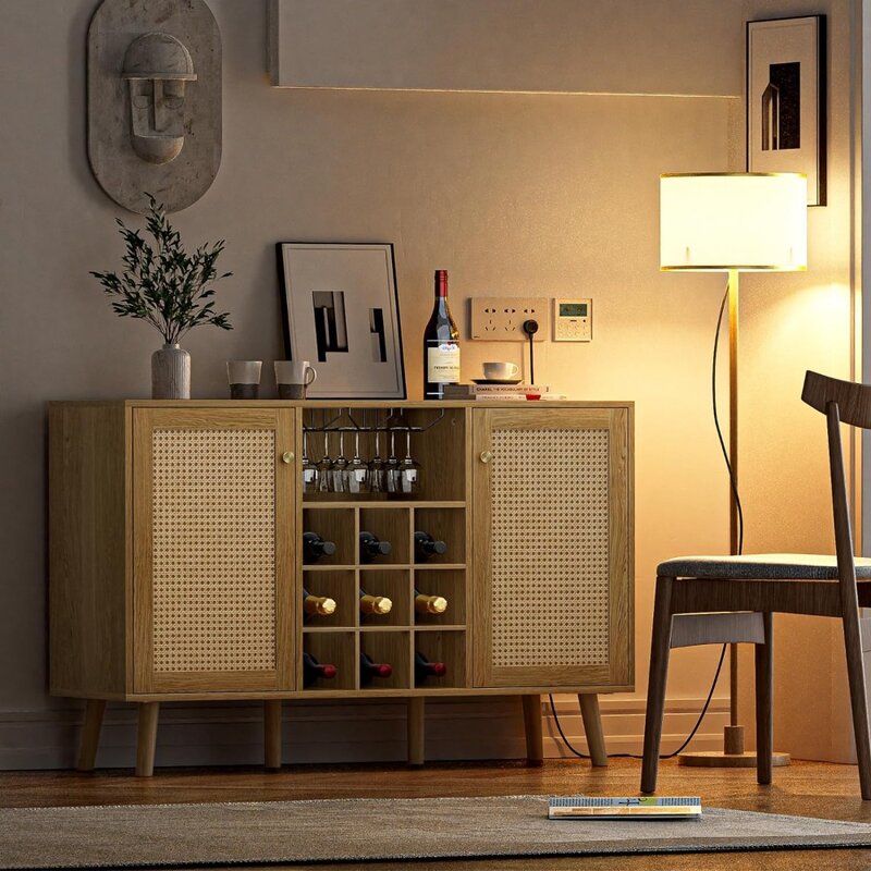Rattan Wine Bar Cabinet com 2 Portas, Farmhouse Liquor Cabinet, Wine Rack and Glass Holder, Frete Grátis