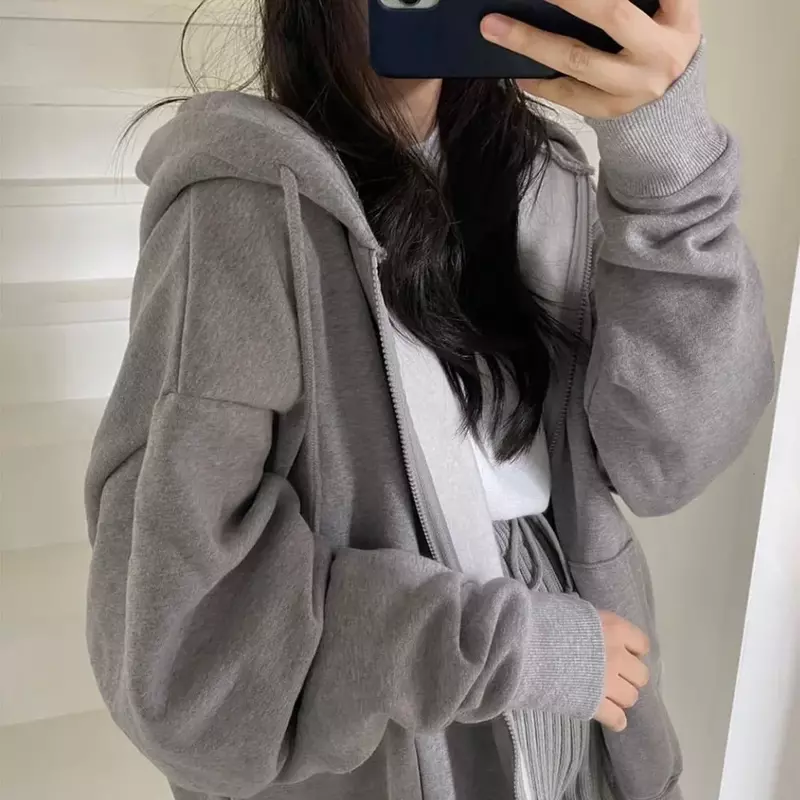 Frauen Hoodies Harajuku koreanische Version lose übergroße Sweatshirts Vintage einfarbige Langarm Kapuze Sweatshirt Reiß verschluss Mäntel