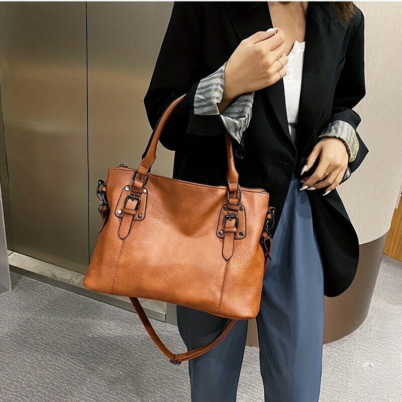 Damen Handtaschen Einkaufstasche weiche PU-Leder-Retro-Designer mit großer Kapazität, lässig, Damen-Schulter-Umhängetasche
