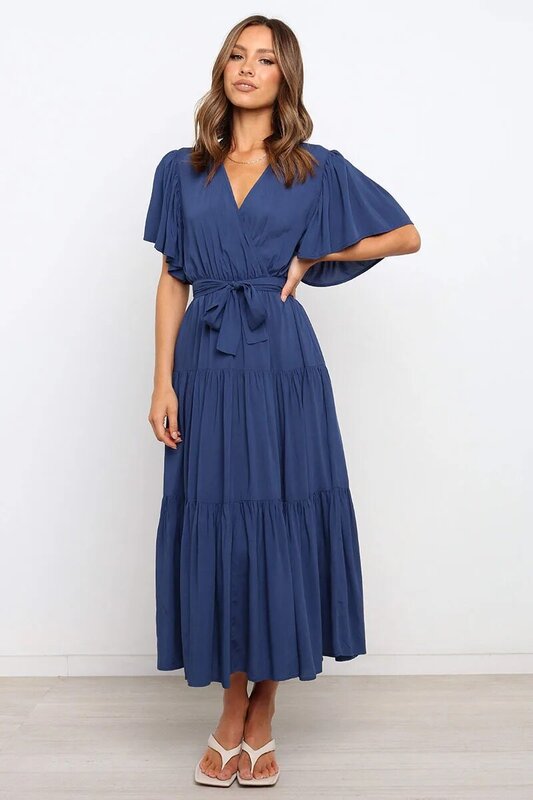 Trendy Solid Color Ruffles Long Dresses Women Sexy V-neck Ruffle Sleeves Leace-up Temperament Elegant Lady Dress 2024 Summer New