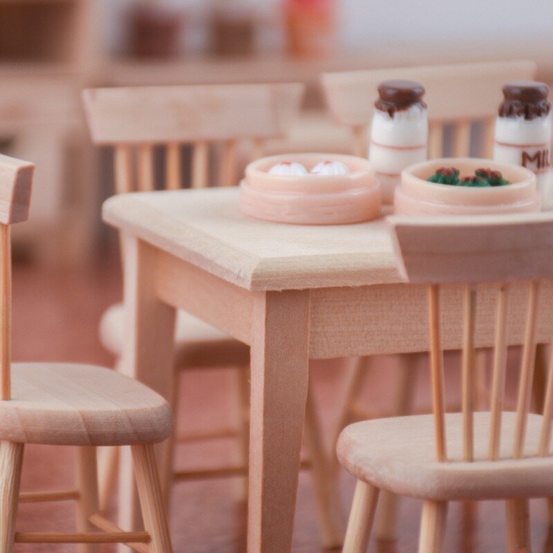 เก้าอี้โต๊ะทานอาหารขนาดเล็กเฟอร์นิเจอร์ไม้จิ๋วสำหรับบ้านตุ๊กตาอุปกรณ์เสริมในบ้านตุ๊กตาขนาด1:12