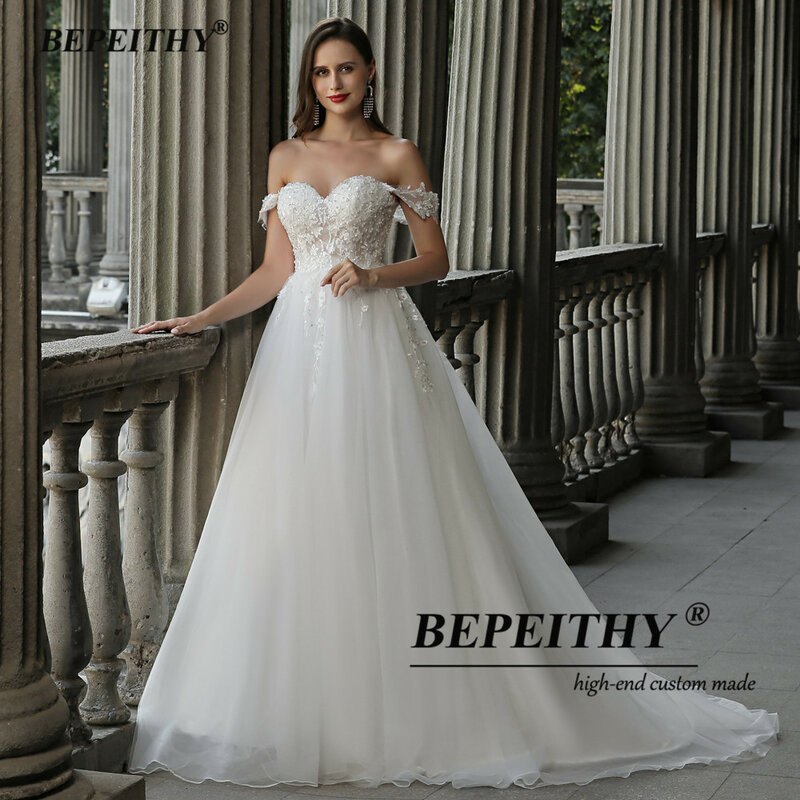 BEPEITHY-vestidos de novia sin mangas para mujer, traje bohemio de talla grande con hombros descubiertos, encaje, Playa