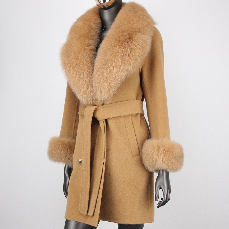 2023 baru mantel bulu asli kasmir campuran wol jaket musim dingin wanita bulu rubah alami kerah manset pakaian luar berkancing dua baris