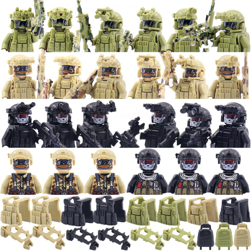 Bloques de construcción militares para niños, figuras de soldados de las Fuerzas Especiales fantasma, accesorios de bandoleras, mochilas de pistola, chalecos, cinturones, armas, juguete