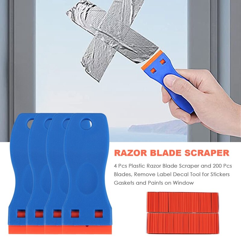 4 Pcs Plastic Razor Blade Scraper And 200 Pcs Blades, Remove Label Decal Tool For Stickers, Gaskets And Paints On Window