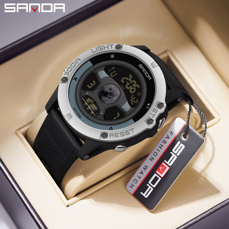 SANDA jam tangan multifungsi pria, arloji desain setir 9024, jam tangan olahraga luar ruangan Alarm 5Bar Digital tahan air