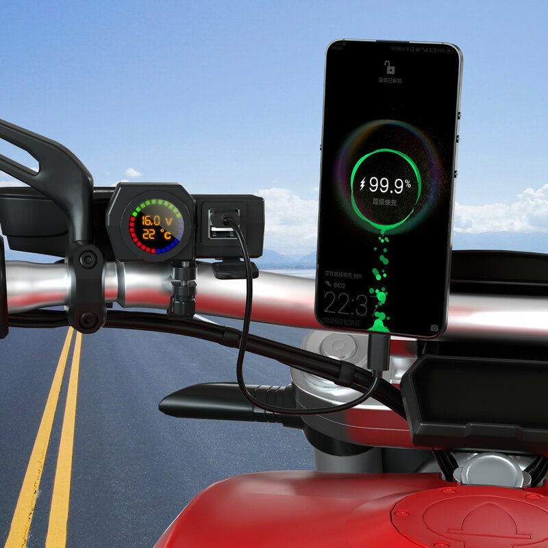 Com tela colorida temperatura e tensão display motocicleta Dual Usb carregador do telefone móvel