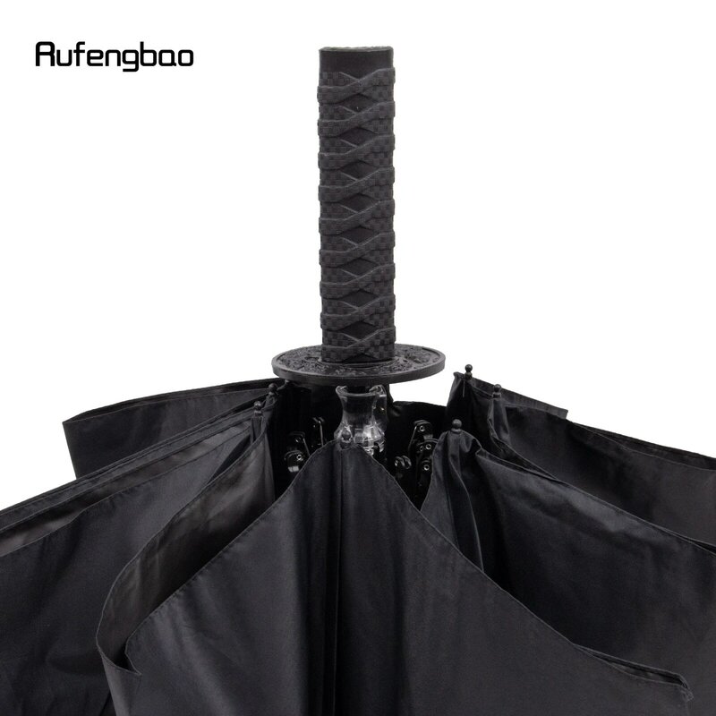 Paraguas negro Samurai para hombre y mujer, Paraguas automático, 8 huesos, plegable, protección UV, días soleados y lluviosos, resistente al viento