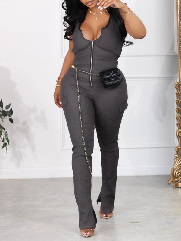 LW Plus Size Backless Pocket Design Jumpsuit Solid Body-shaping Simple Jumpsuit summer sleeveless Skinny Romper jumpsuit