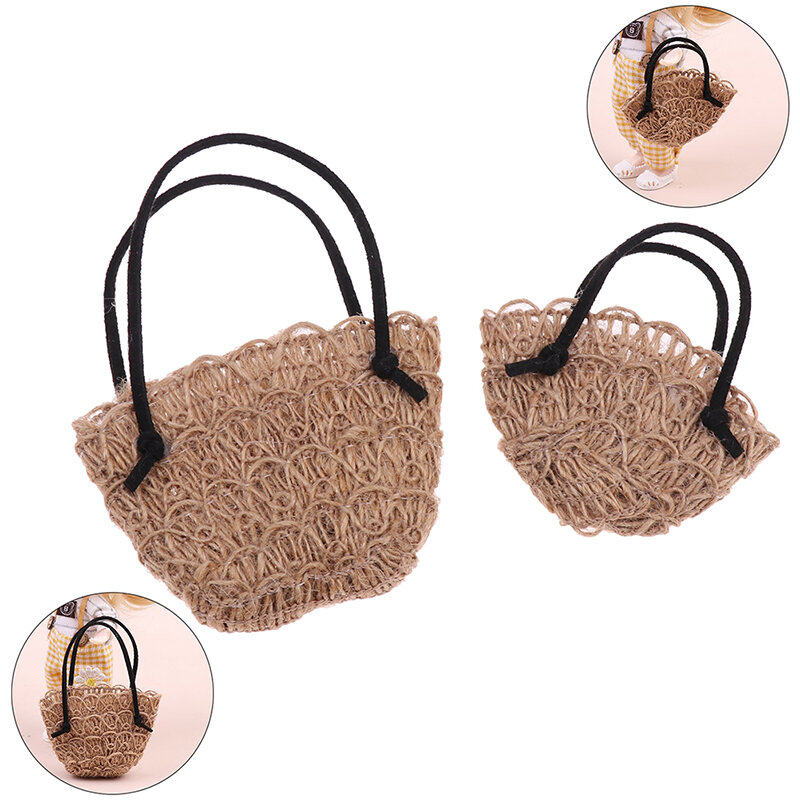 1pcs Hot 1:6 1:12 Dollhouse Miniature Straw Weaven Tote Bag Handbag Purse Shoulder Bag Fashion Doll's Handbag Doll Accessories